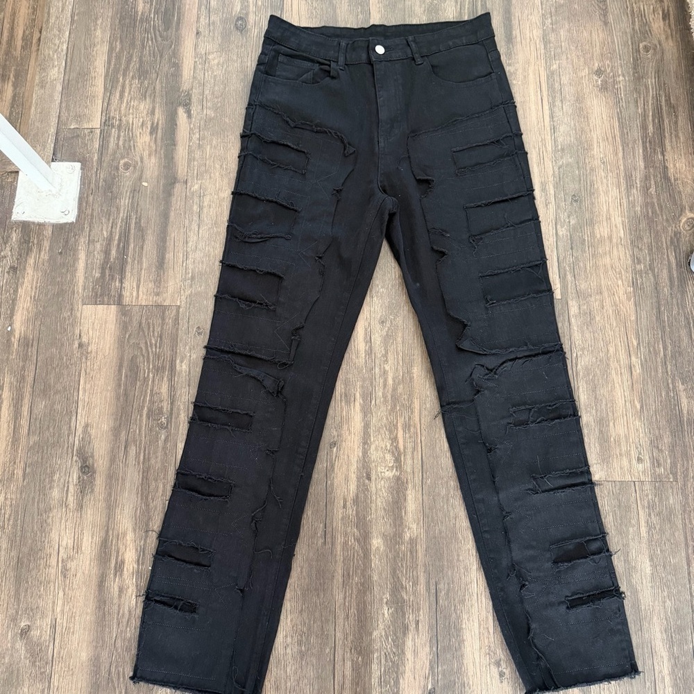 Women’s Black Denim Stacked Jeans Black Distressed Straight Leg Mid Rise Y2K M - Picture 14 of 17